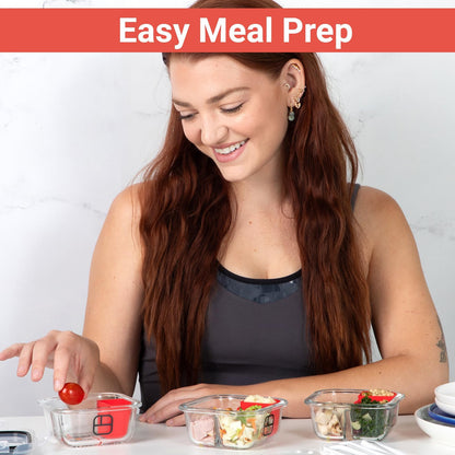 BariBowl Portion Control Containers for Bariatric Meals – 8 oz Glass Meal Prep Containers with Two 4 oz Compartments and Lids (3 Pack), Reusable Bento Lunch Boxes