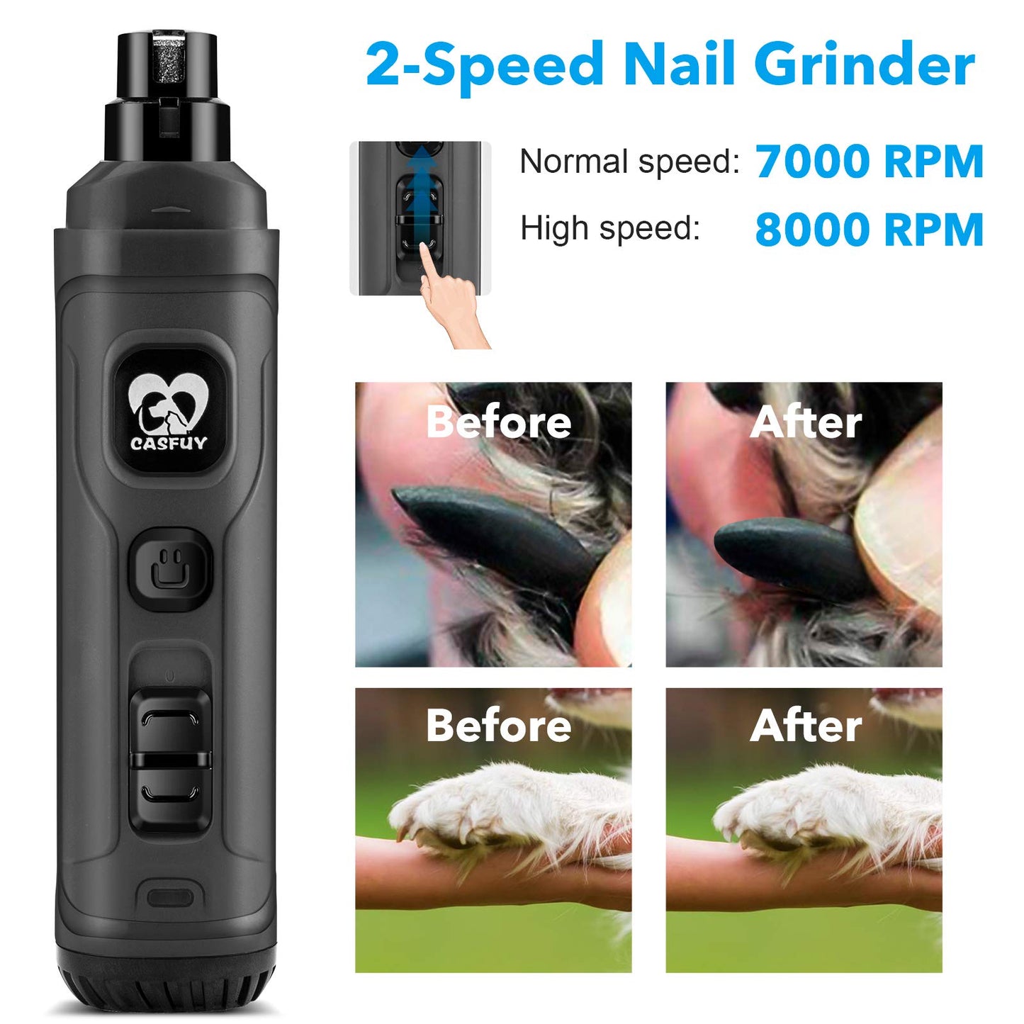 Casfuy Dog Nail Grinder with 2 LED Light - New Version 2-Speed Powerful Electric Pet Nail Trimmer Professional Quiet Painless Paws Grooming & Smoothing for Small Medium Large Dogs and Cats