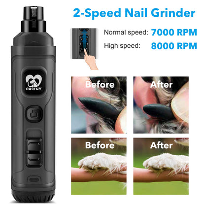 Casfuy Dog Nail Grinder with 2 LED Light - New Version 2-Speed Powerful Electric Pet Nail Trimmer Professional Quiet Painless Paws Grooming & Smoothing for Small Medium Large Dogs and Cats