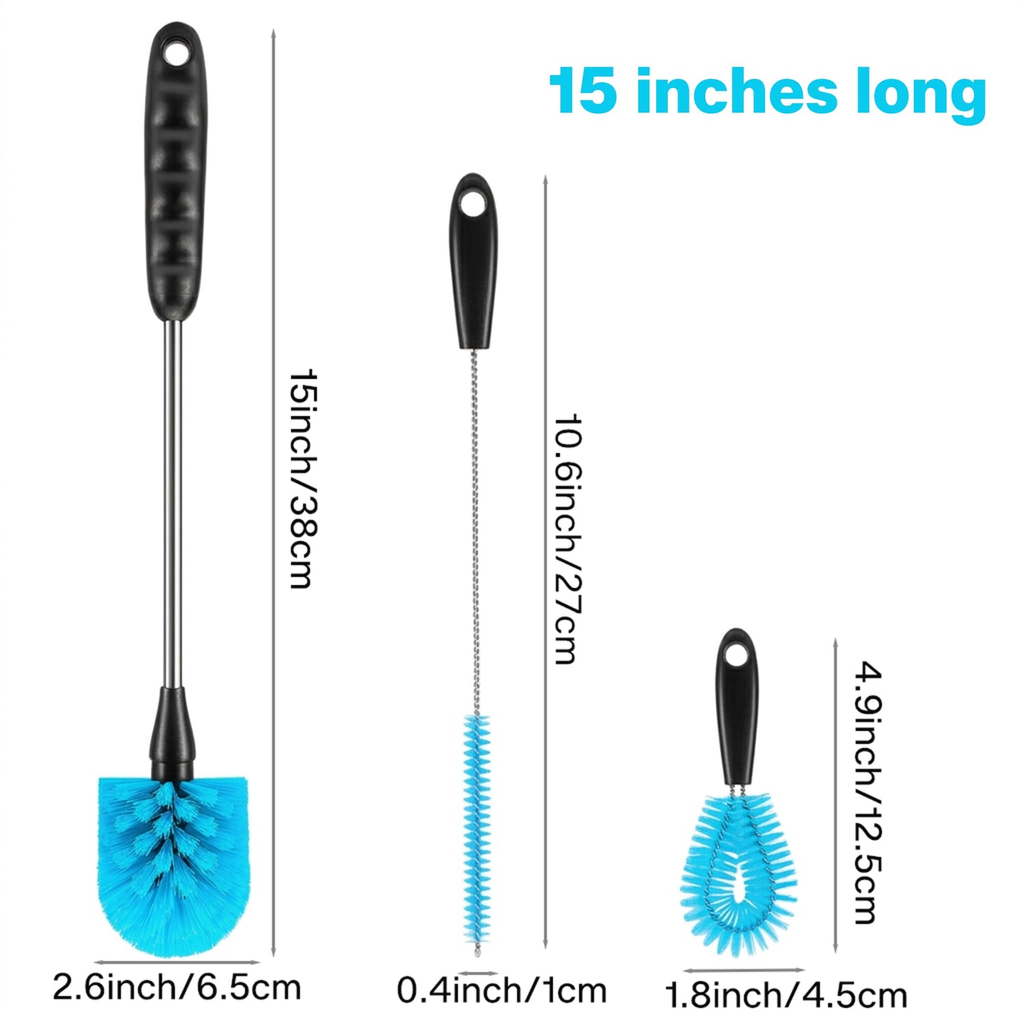 NubpoHyl 3-in-1 Water Bottle Cleaning Set: 15" Long Handle Brush, Straw Cleaner & Detail Scrubber - Professional Household Scrubber for Daily Kitchen Cleaning & Travel Mugs