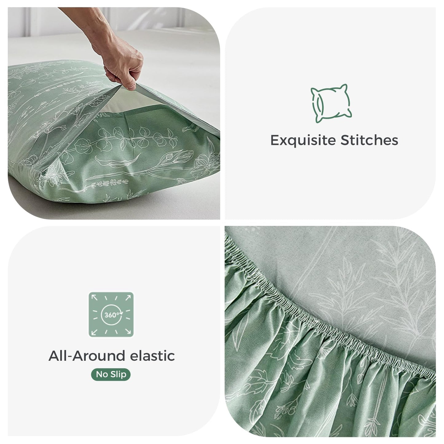 Tokokimo Floral Sheets Set King Size, 16 inches Deep Pocket Fitted Sheet, Flat Sheet & Envelope Closure Pillowcases, Soft Breathable Microfiber Sheet Set 4-Piece, Green and White Leaf Floral