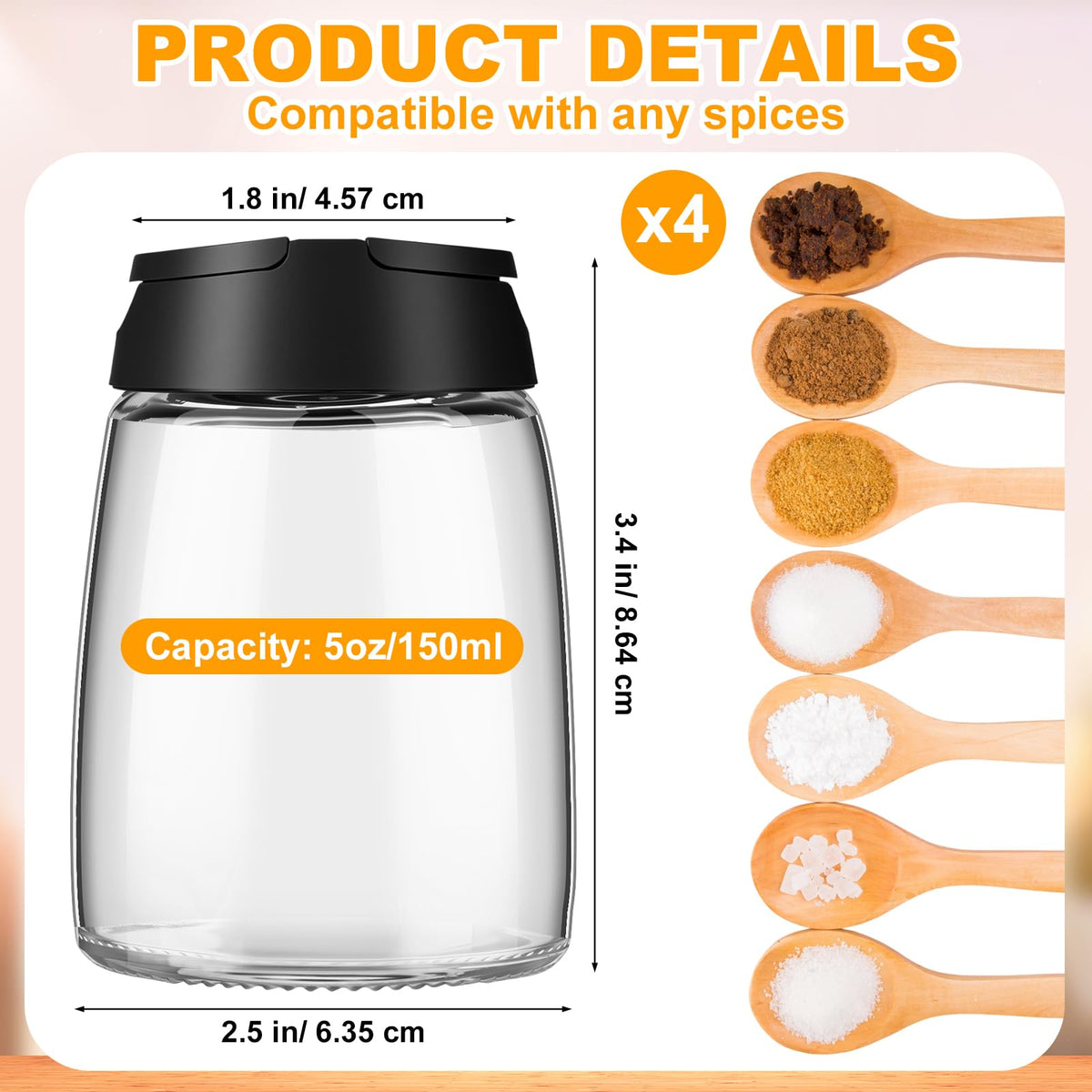 Sawysine 4 Pack 150ml 5 oz Glass Salt and Pepper Shakers with lids Vintage Spice Shakers Bottle Moisture-Proof Condiment Holders Kitchen Gadgets Cooking Table for Dining Room Table Kitchen Restaurant