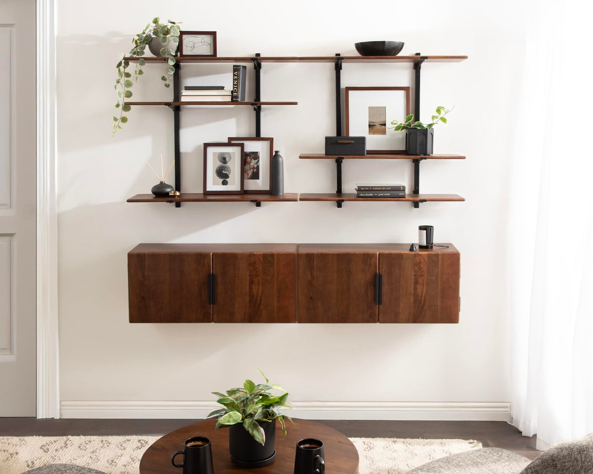 Kate and Laurel Atwood Three-Tiered Adjustable Mango Wood Wall Shelf, 32 x 10 x 30, Walnut Brown and Black, Modular Shelving Unit and Wall Organizer for Entryway Storage or Living Room Display Shelves