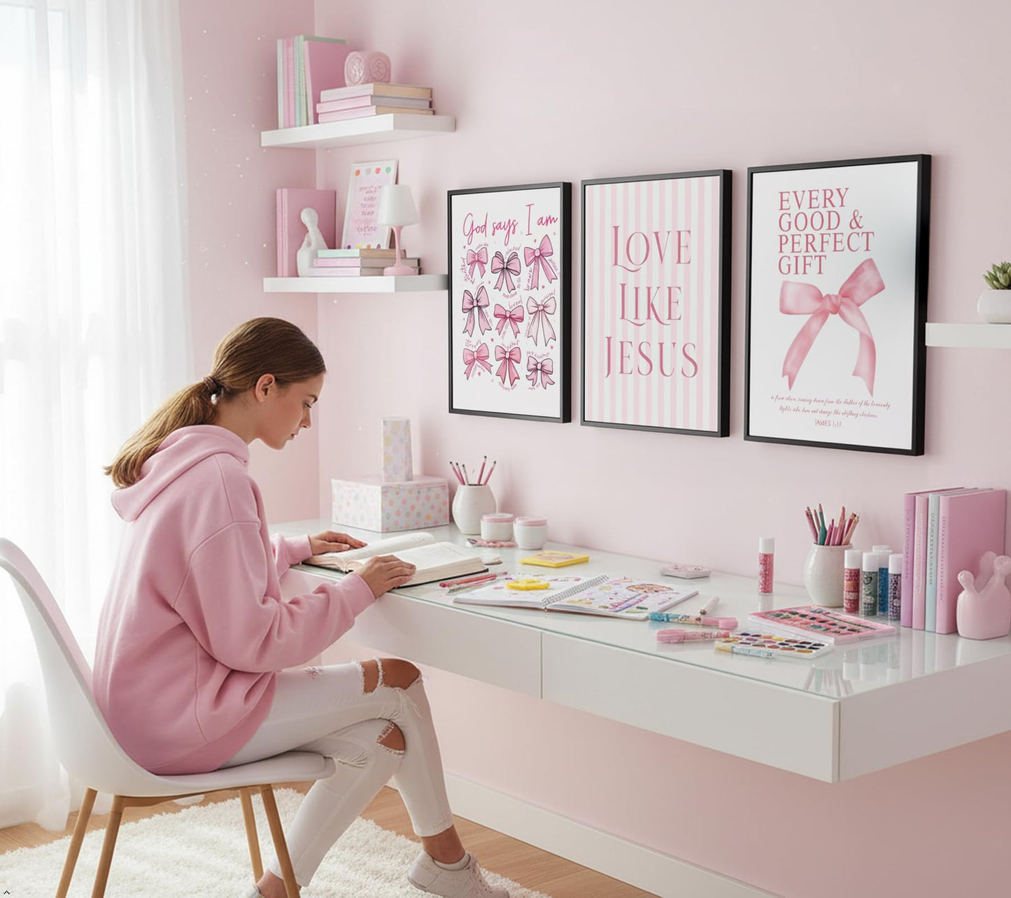 3Pcs Pink Bow Canvas Wall Art, Coquette Preppy Painting Pictures Wall Decor, Christian Inspirational Bible Posters Print Artwork for Girls Dorm Room, Apartment, Home Decoration 16x24 Unframed