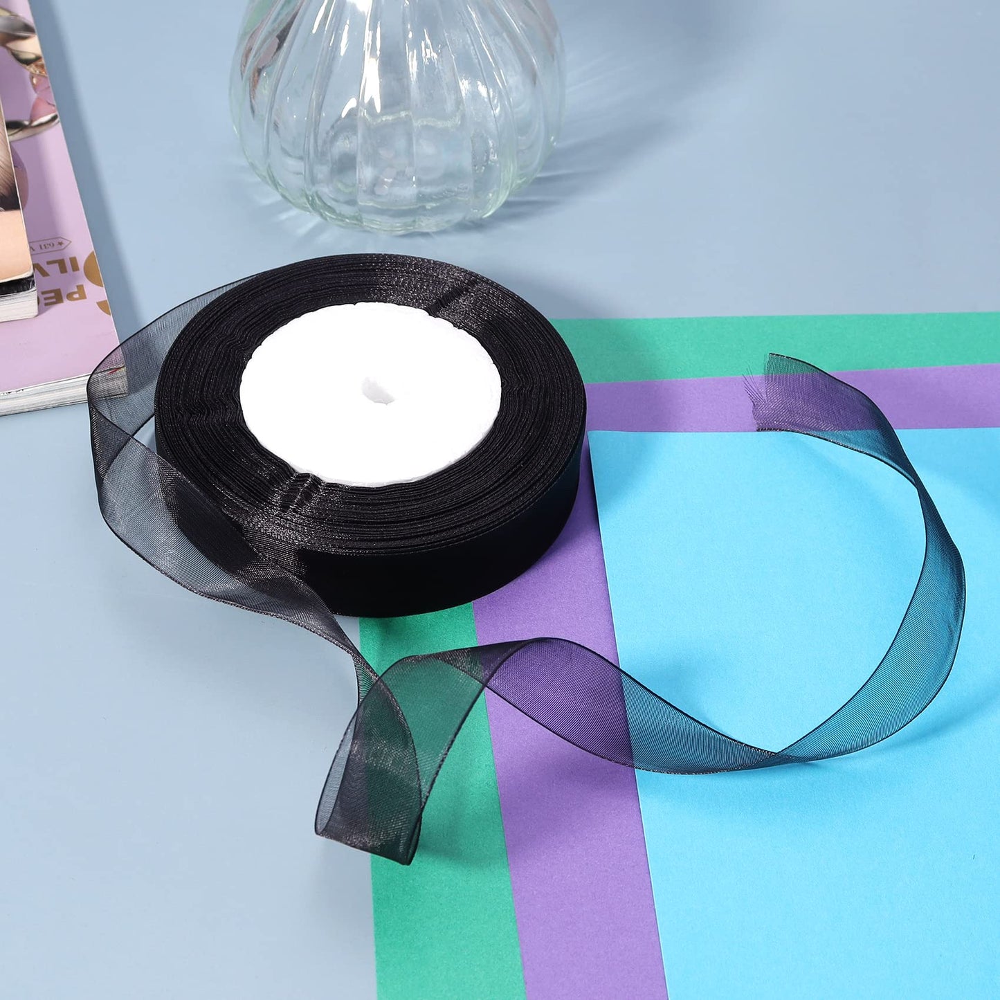 Hiswan 3/4 inch Sheer Organza Ribbon 50 Yards Black Chiffon Ribbon for Gift Wrapping Christmas Halloween Decoration Wedding Bouquet Crafts