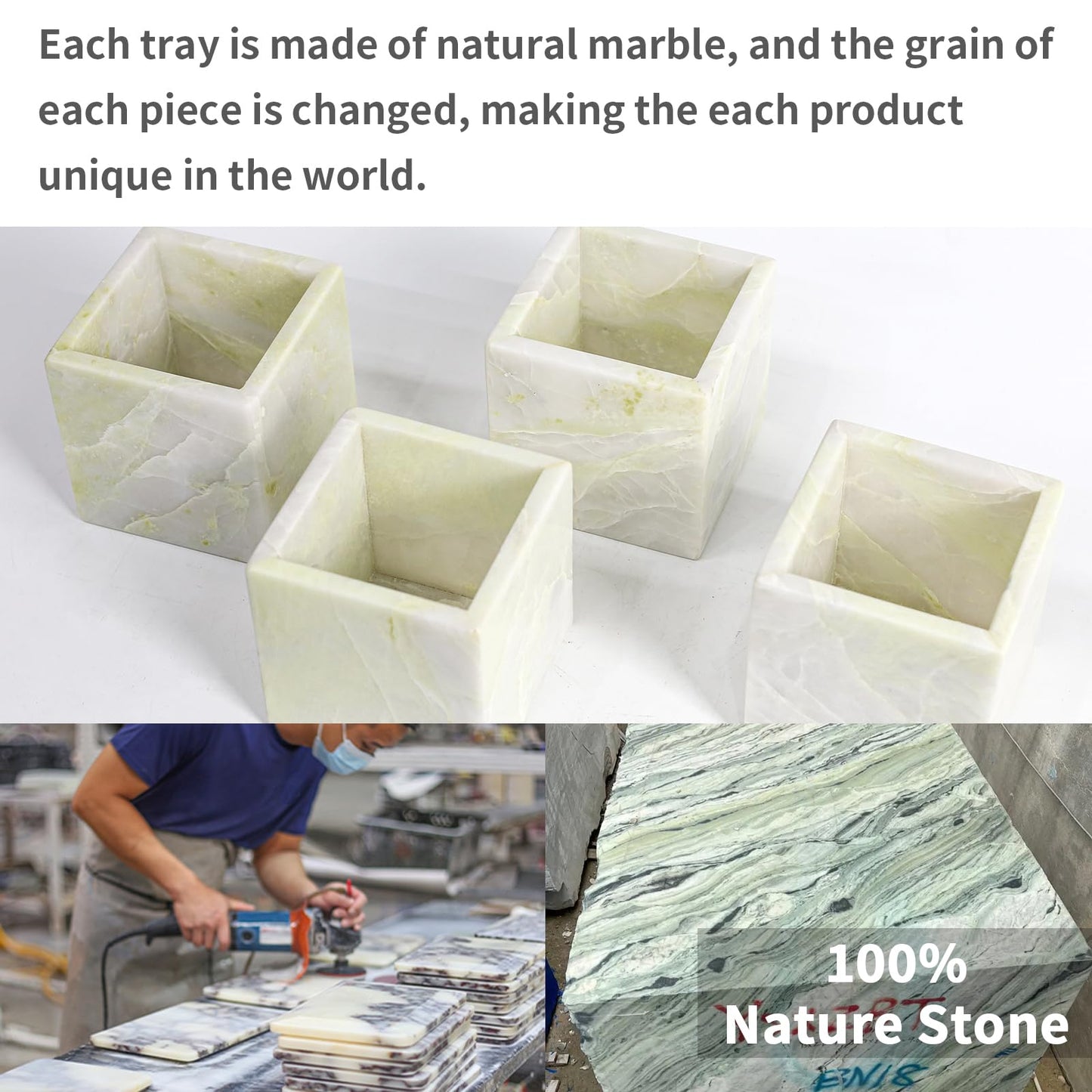 Natural Marble Makeup Brush Holder for Vanity, Toothbrush Holder for Bathroom, Luxurious Countertop Organizer, Green Bathroom Accessories Square