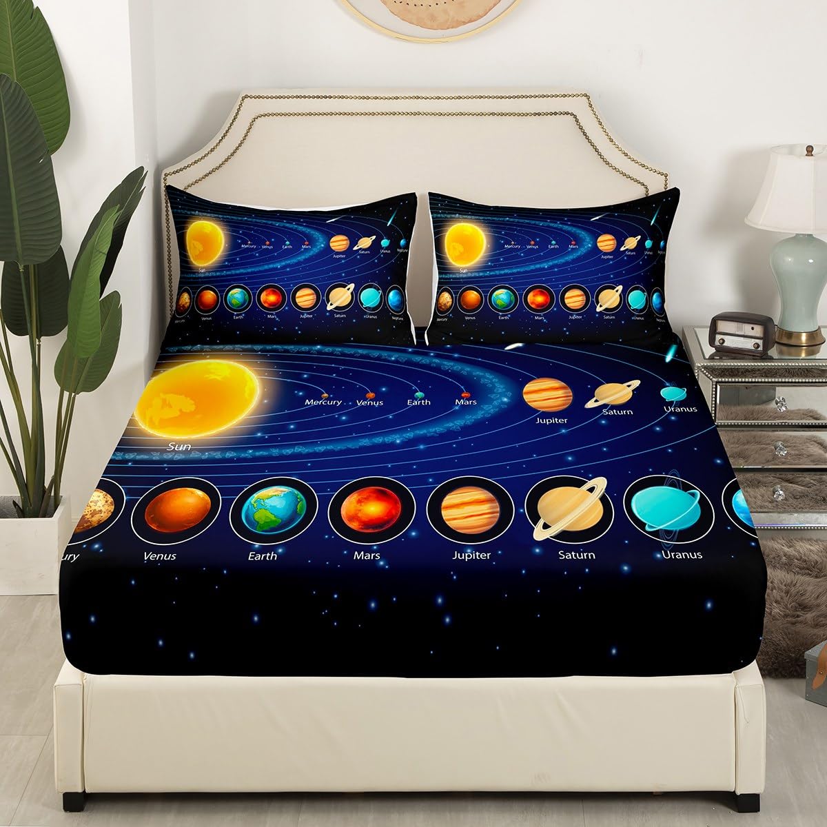 Feelyou Solar System Fitted Sheet Space Galaxy Bed Sheet Set Eight Planets Astronomy Bedding Queen Size Includes 1 Sheets & 2 Pillowcases (No Flat Sheet)