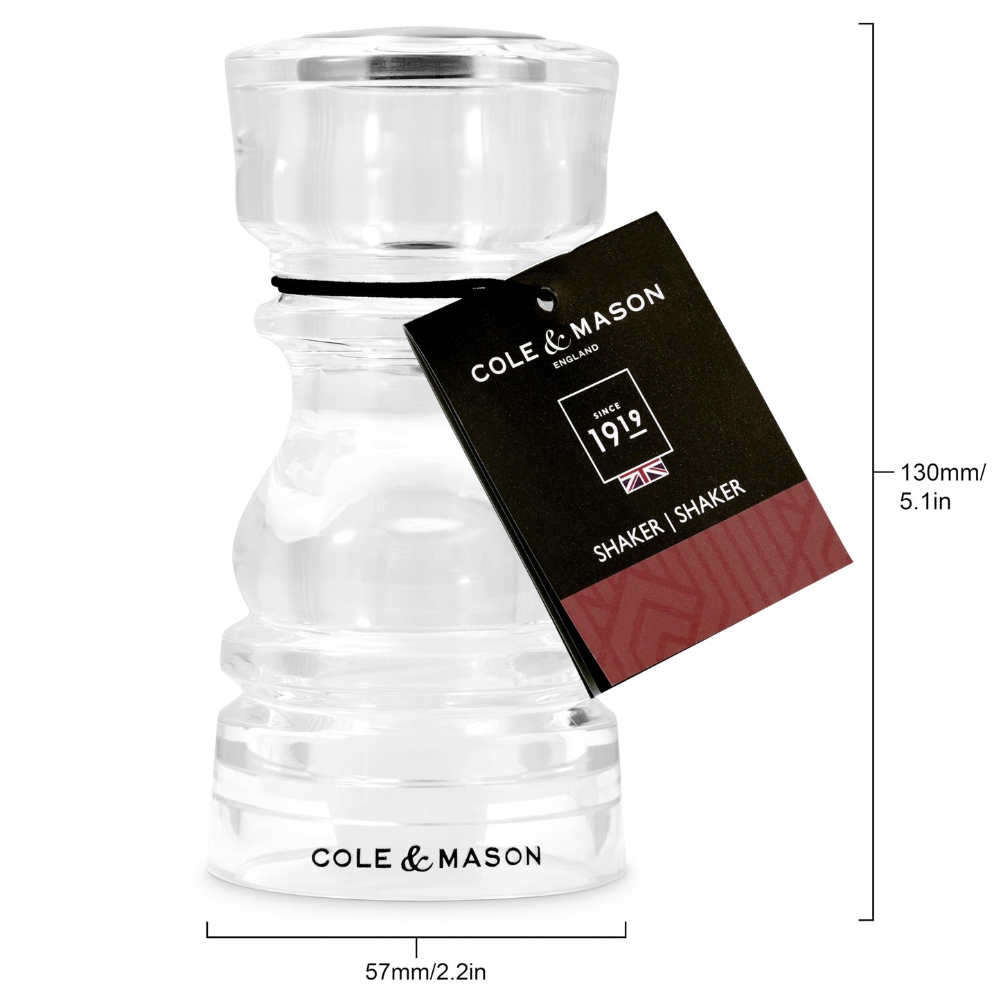 Cole & Mason London 5" Acrylic – Durable Lightweight Seasoning Shaker for Salt, Pepper, or Spices – Easy to Refill & Clean – Clear Acrylic Body for Modern Look & Fill Visibility