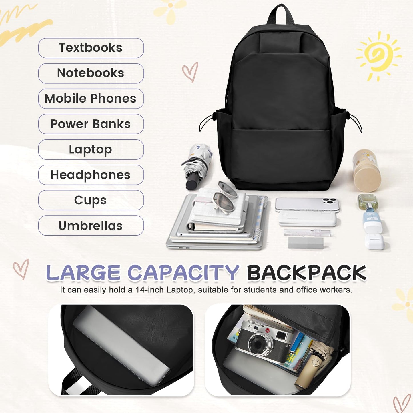 HYC00 School Backpack Womens Causal Travel School Bag for Teenage Girls Boys Secondary Backpack Lightweight 14 Inch Laptop Rucksack Bag for Women Casual Daypack Bookbag for Daily College Work, Black
