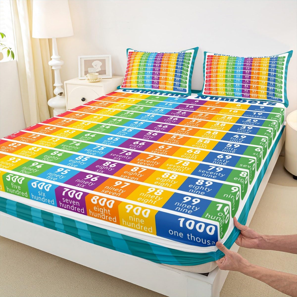 Feelyou Kids Educational Fitted Sheet Twin Size, Counting Numbers Bedding Set Math Learning Bed Sheet Set Boys Girls Preschool Teens Bedroom Decor 2Pcs (No TOP Sheet)