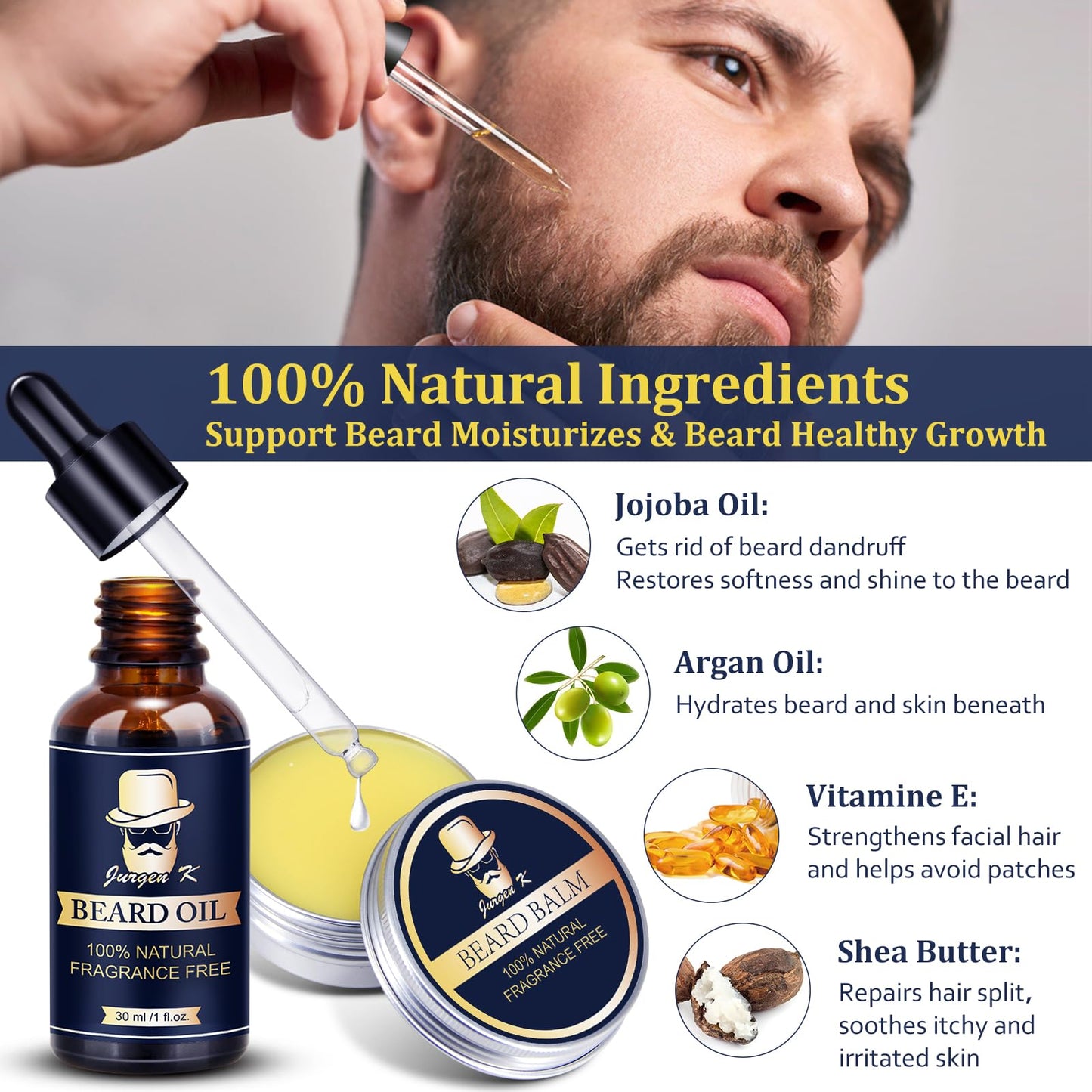 Jurgen K Valentines Day Gifts for Him, Beard Kit for Men's Daily Grooming, Moisturize & Soften Facial Hair, Men's Self Care Set, Anniversary | Birthday Gifts for Men Husband Boyfriend Dad Son