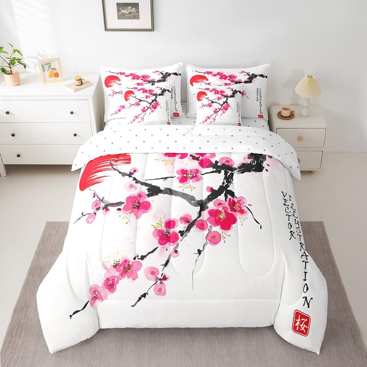 Erosebridal 7 Piece Japanese-Style Bed in a Bag Full for Adult Women Cherry Blossoms Sheet Set Ukiyo-E Theme Bedding with Comforter Girls Boys Teens Nature Flowers Cushion Covers