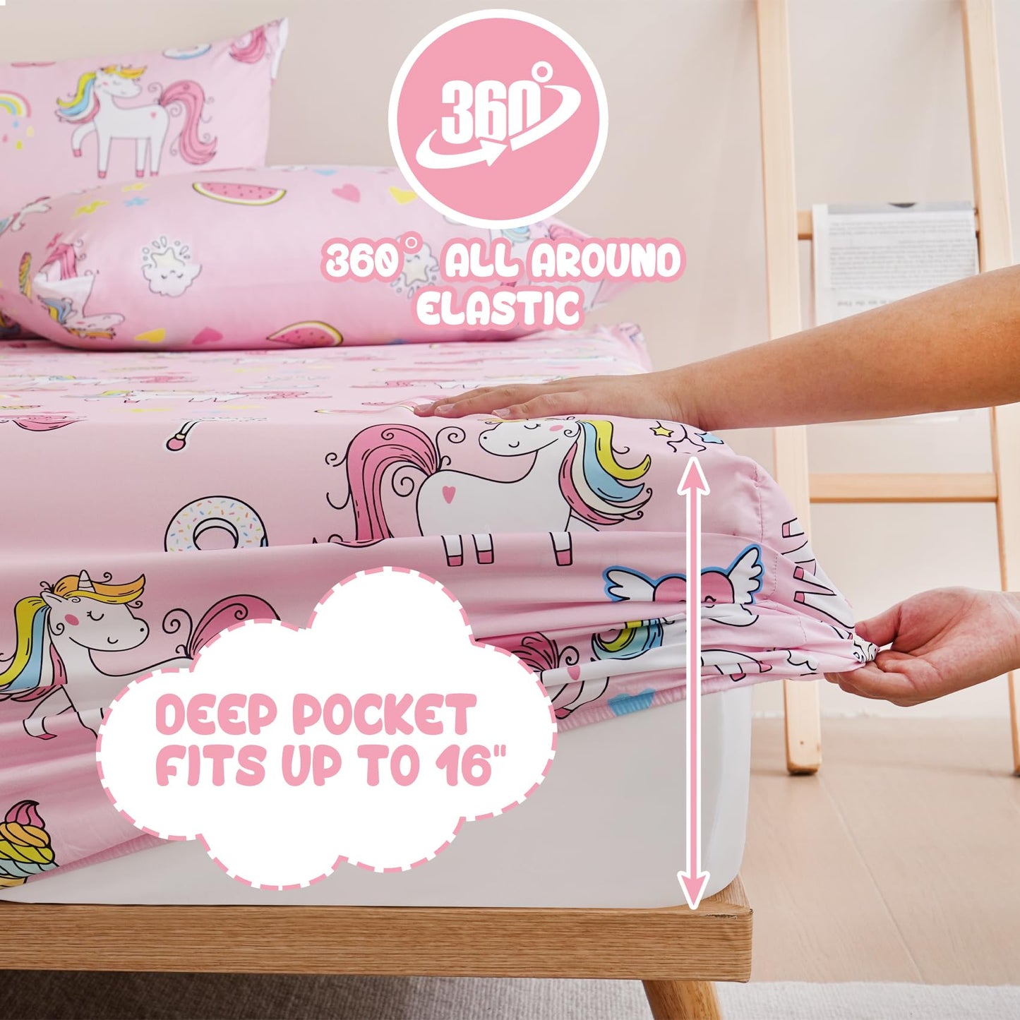 Yibeizi Pink Unicorn Sheet Set for Girls Full, Kids Rainbow Sweet Print Bedsheets Microfiber Deep Pocket Cute Patterned Bed Sheet & Pillowcase Sets 4 Pieces