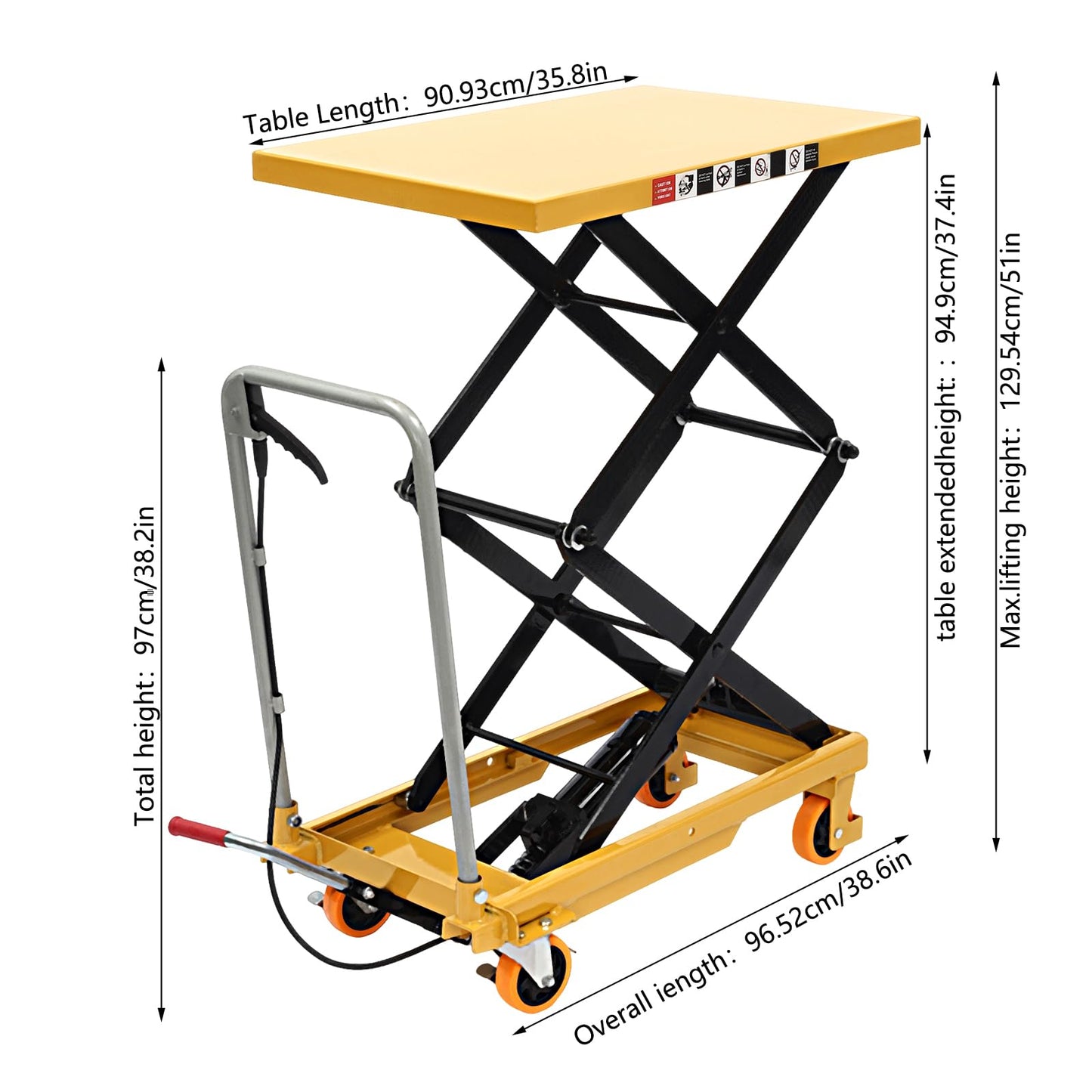 770lbs Hydraulic Lift Table Cart, 51" Double Scissor Lift Table Pallet Truck Lift Height Manual Hydraulic Scissor Cart Mobile Platform Cart w/ 4 Locking Wheels for Material Handling and Transportation