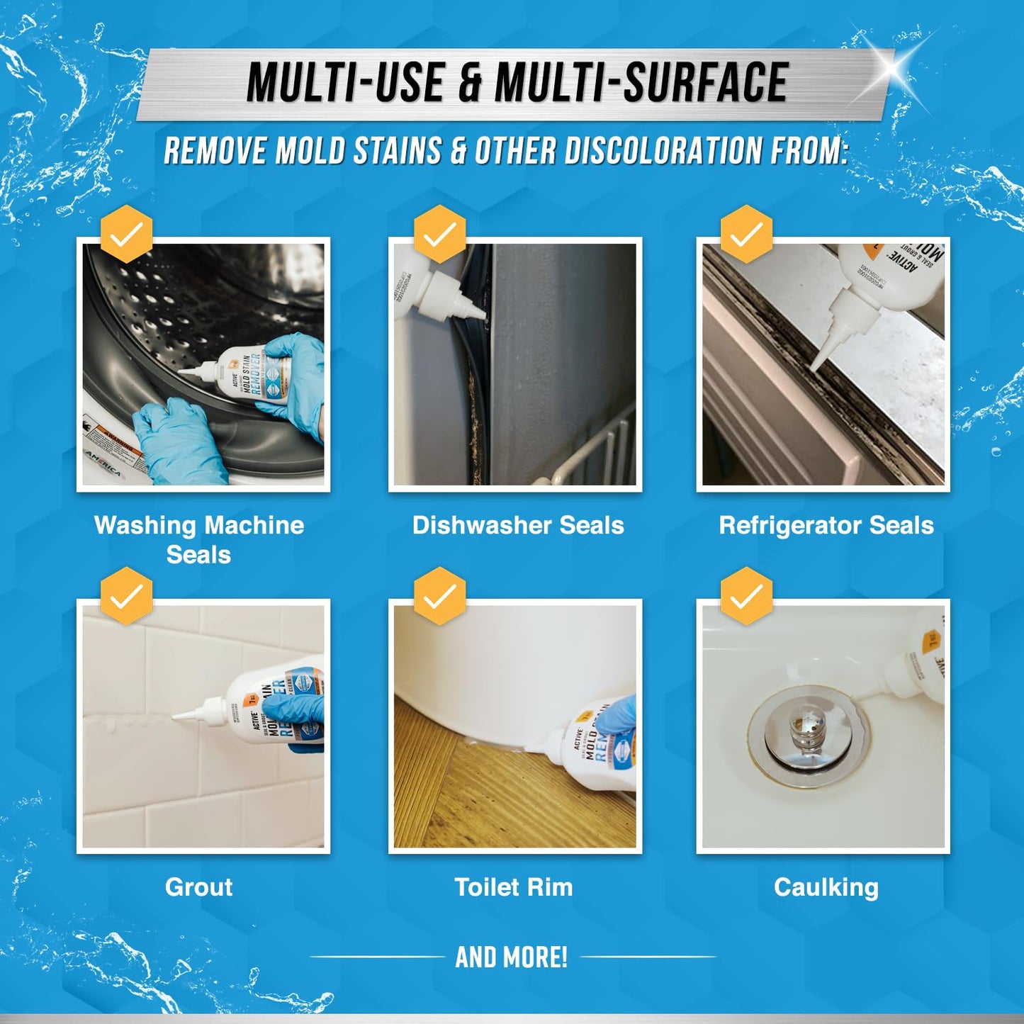 Mould Stain Remover Gel Cleaner - ACTIVE Heavy Duty Stain Cleaner for Front Loader Washing Machine Seal, Rubber Gasket, Bathroom Grout, Shower, Caulk - Front Load Washer Cleaning Solution - 7 Fl Oz