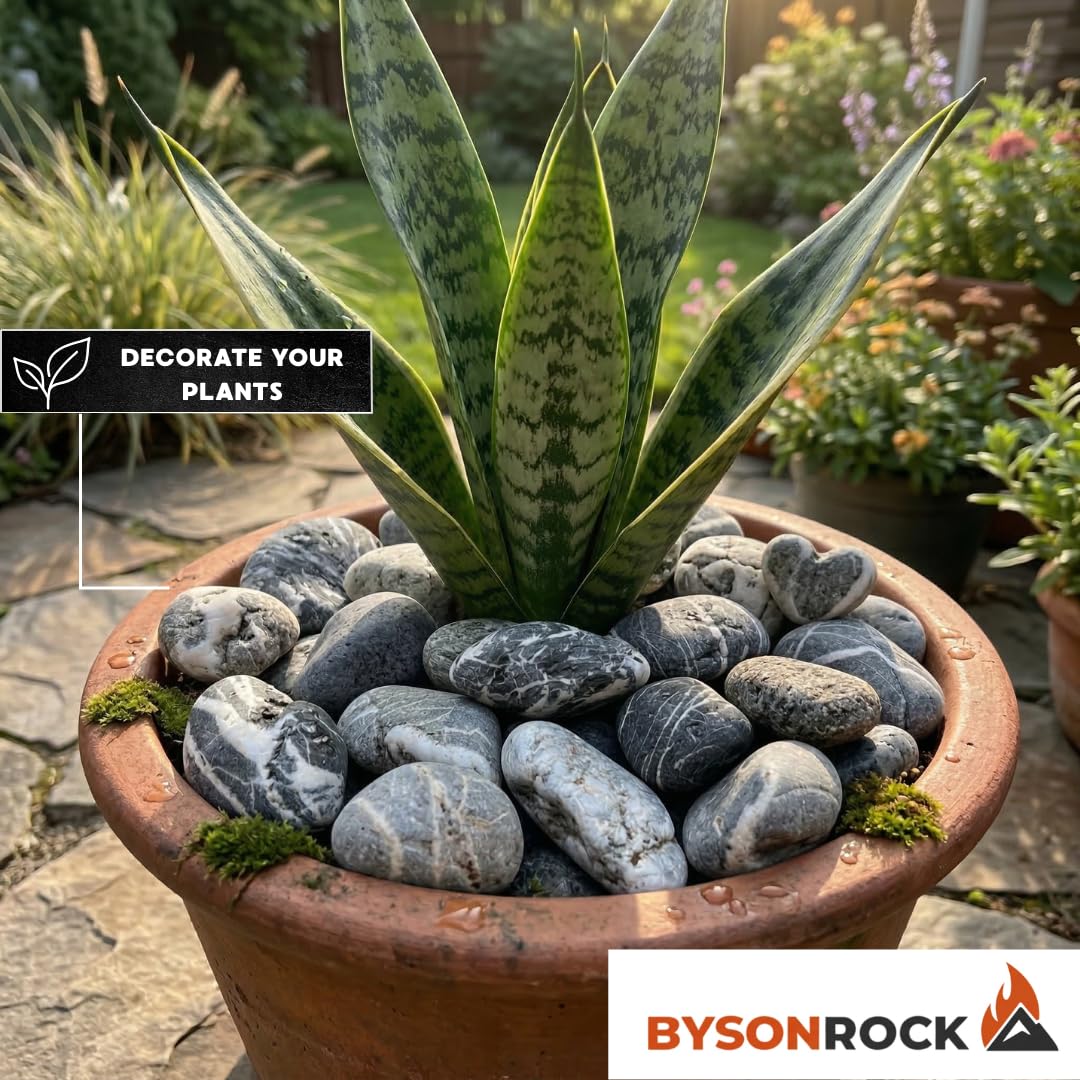 BYSONROCK Natural Gray with White Lines River Rocks, 2–4 Inch, 10 lbs Decorative Landscaping Stones for Garden, Planters, Pathways, Aquariums & Painting