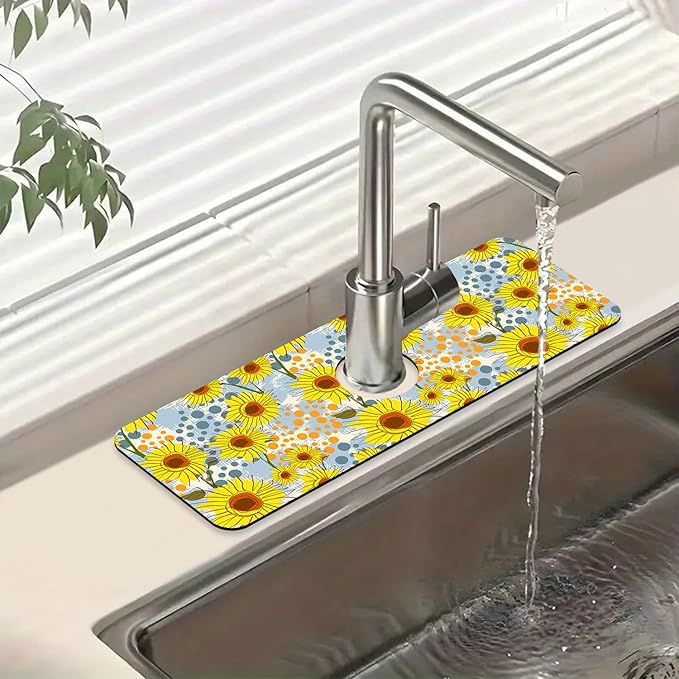 Watercolor Sunflowers Sink Faucet Absorbing Mat Sunflowers Polka Dots Super