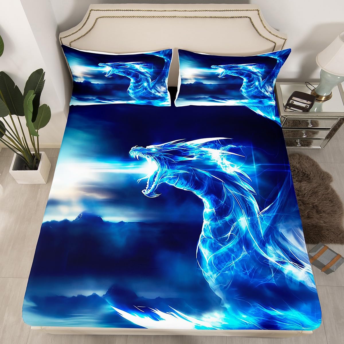 Feelyou Dragon Bed Sheet Set Trippy Western Sheets Set Cool Ice Dragon Bedding Fitted Sheet for Kids Boys Queen Size Includes 1 Sheets & 2 Pillowcases (No Flat Sheet)