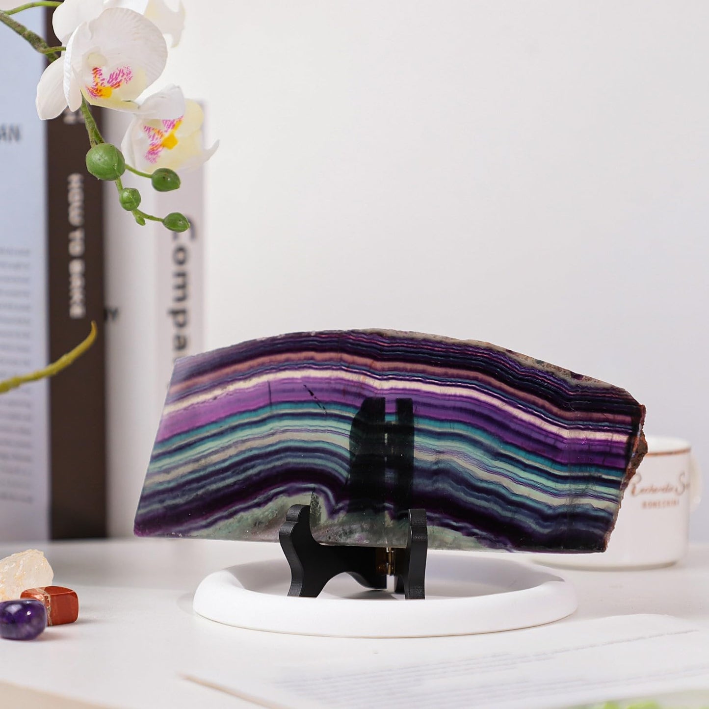 SUNYIK Natural Fluorite Slice with Wood Stand Irregular Fluorite Slab Stone Mineral Specimen Decor Display for Window Home Office
