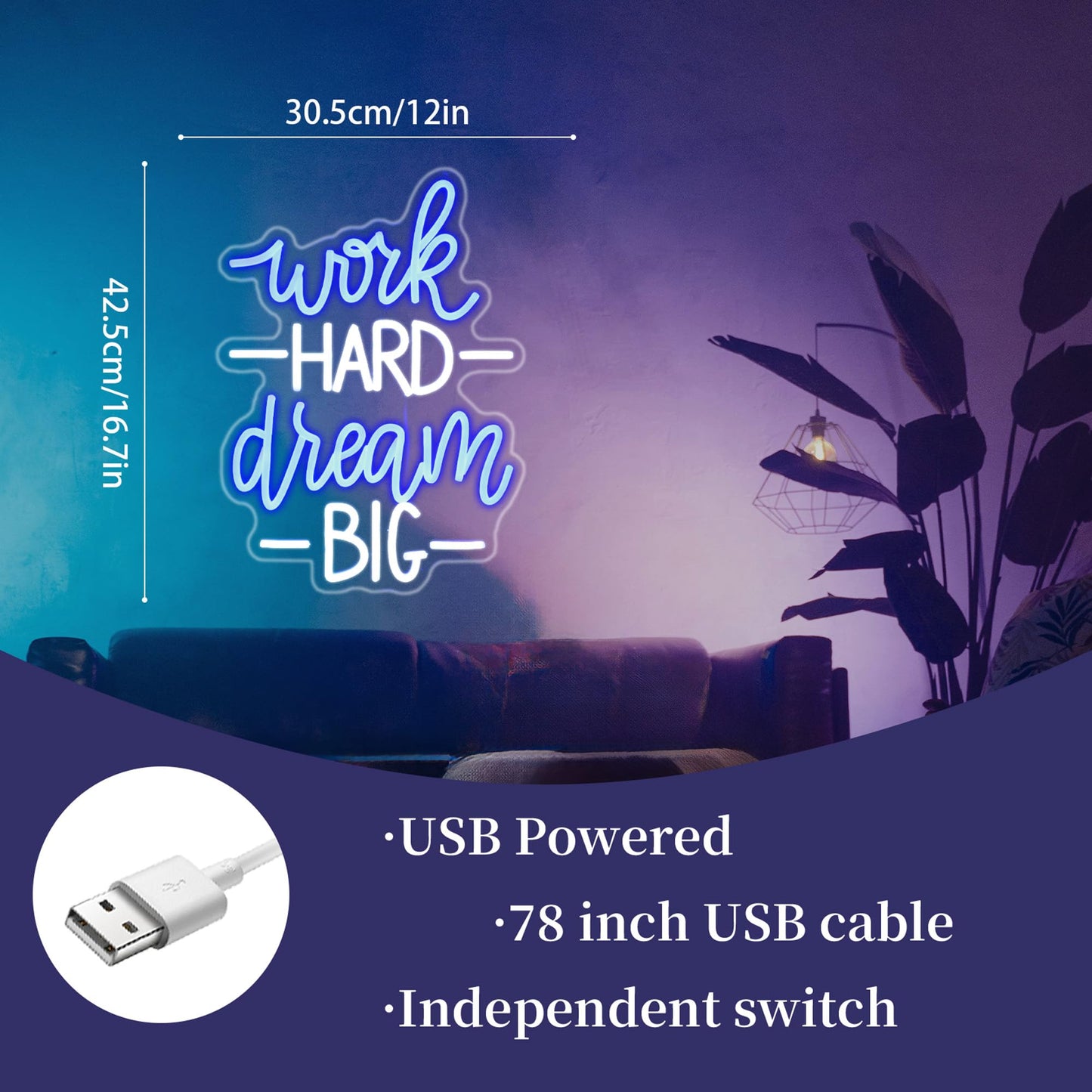 Whfobfe Blue&White Neon Sign Led Neon Lights Signs for Wall Decor USB Powered Led Signs for Room Decoration-Work Hard Dream Big