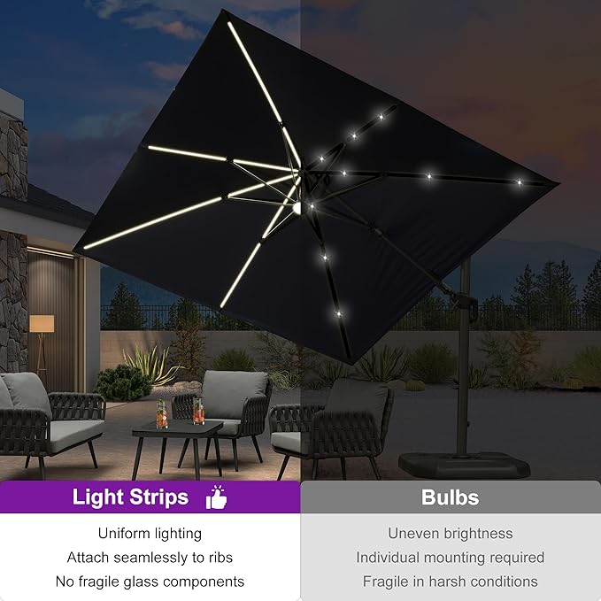 PURPLE LEAF 10 Feet Patio Umbrella with Base Outdoor Patio Solar Powered LED Swivel Square Umbrella Aluminum Offset Umbrella with 360-degree Rotation for Garden Deck Pool Patio, Navy Blue