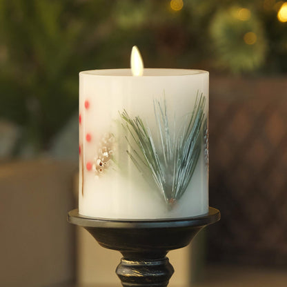 Luminara Embedded Flameless LED Candle - Pine Berries 3.5" x 4.5" - Moving Flame Pillar, Battery Operated Timer, Real Wax, Unscented, Safe