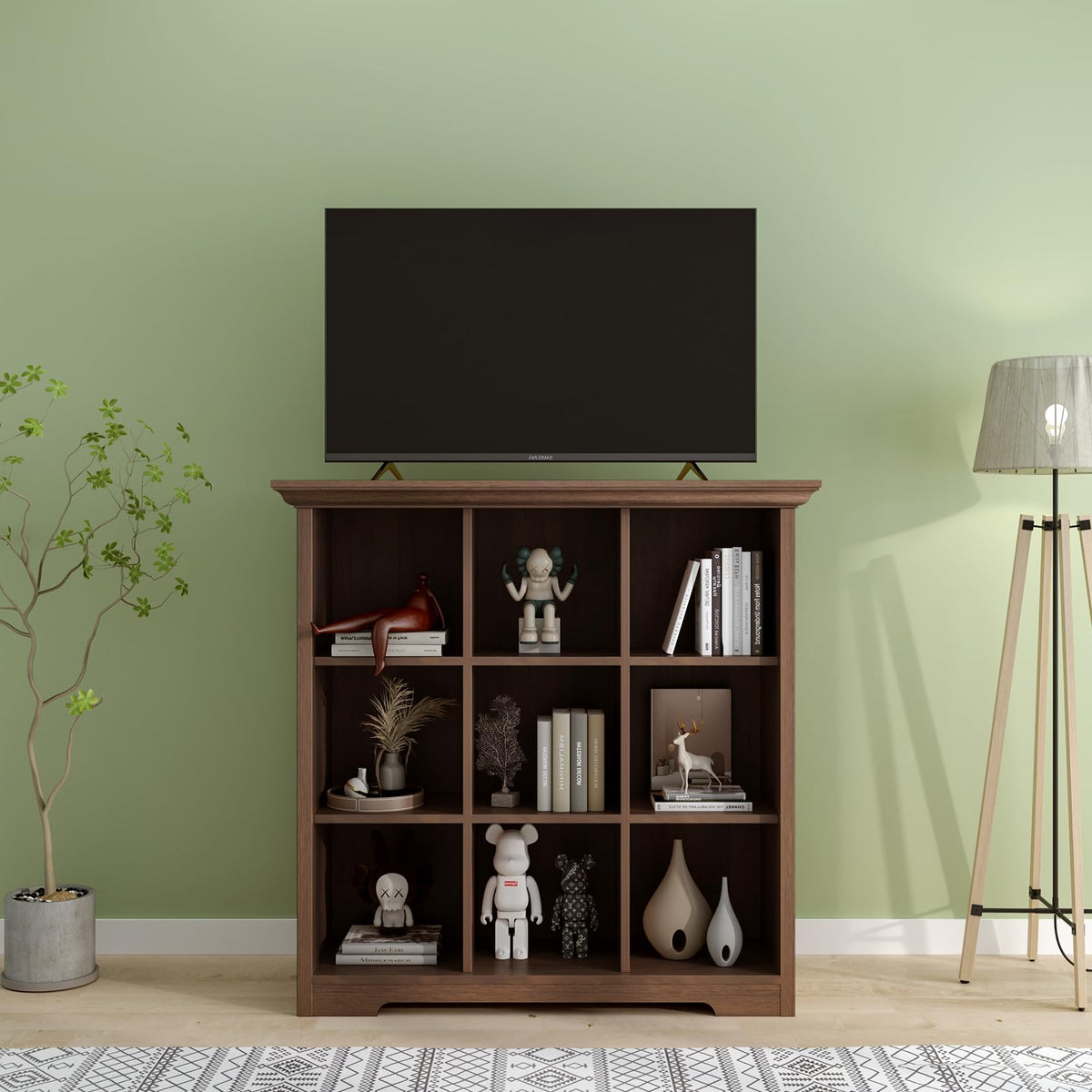OSCHF Cube Shelf Bookcase with Base - Wooden 3 Tiers Floor Standing Low Storage Cabinet for Home and Office, 9-Cube Lattice Bookshelf, Walnut