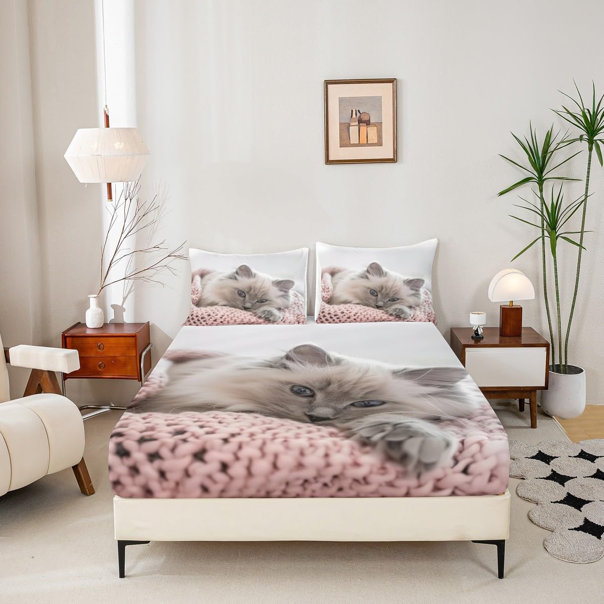 jejeloiu Cat Fitted Sheet Twin Size for Kids Boys Girls Cats Print Bed Sheets Set 16" Deep Pocket Breathable Microfiber Animal Bedding with 1 Pillowcase White Room Decor