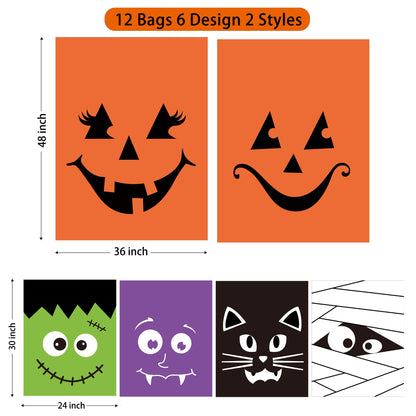 POPGIFTU 12 Pack Halloween Lawn Leaf Bags - Heavy Duty Plastic Trash Bags with Twist Ties, 6 Designs Large Pumpkin Yard Waste Bags for Garden, Lawn, Porch, Indoor Outdoor Halloween Decorations