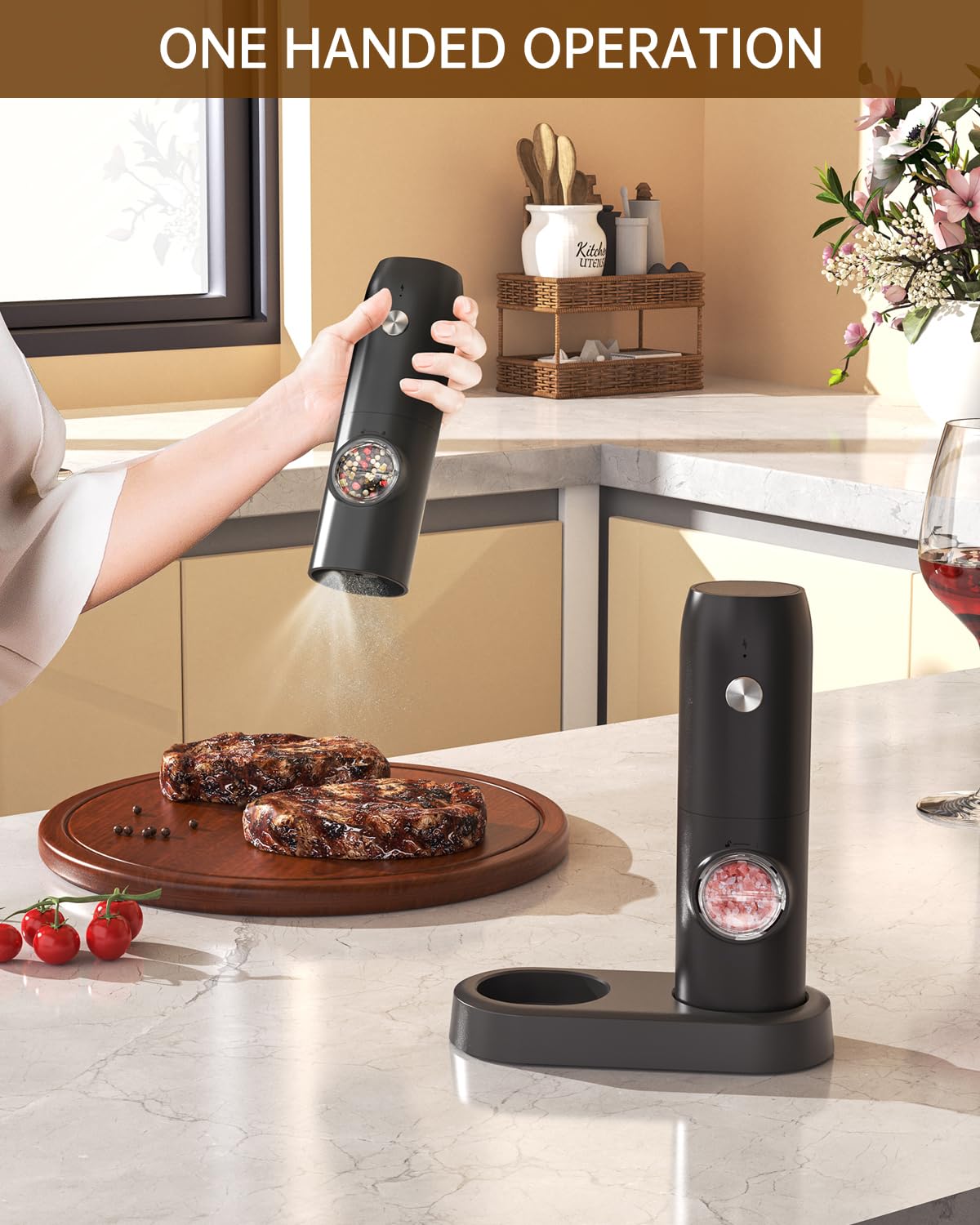 CIRCLE JOY Electric Pepper Grinder Mills, USB Rechargeable Salt and Pepper Set with Charging Base, Ceramic Grind and Adjustable Coarseness, Automatic Grinder for Home, Kitchen