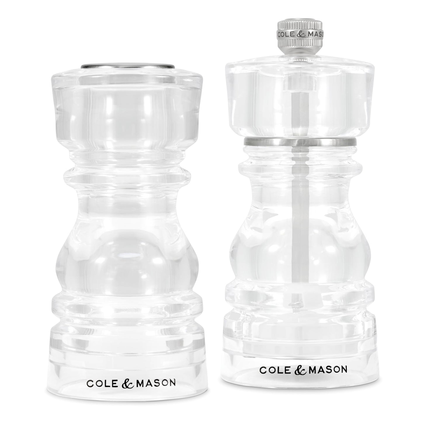 Cole & Mason London Acrylic Shaker Gift Set - Refillable Salt & Pepper Grinder with Adjustable Grinding Mechanism - Acrylic, 5" Salt & Pepper Gift Set