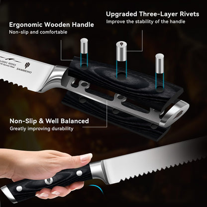 SANMEIHO 10" Bread Knife - Sourdough Slicing Knife Professional 5Cr15MoV Stainless Steel Serrated Knives, Ergonomic Wood Handle & Full Tang Design, Gift Box Included (Single-Edge
