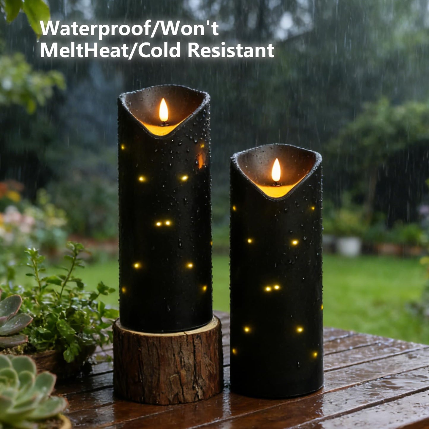 4" x10" Outdoor Flameless Candles Waterproof, Battery Operated LED Candles with Remote Control and Timer，Internal string lights，Black , Set of 2，Suitable for home decoration and holiday decoration