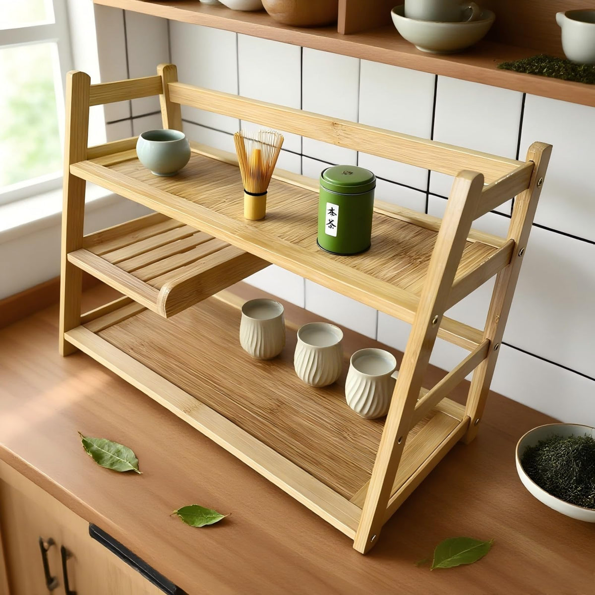 Lnncdsc Bamboo Matcha Station Organizer - Large Capacity 3-Tier Shelf, Easy to Install for Matcha and Coffee Bar Accessories, Perfect for Tea and Coffee Enthusiasts.(wood, large)