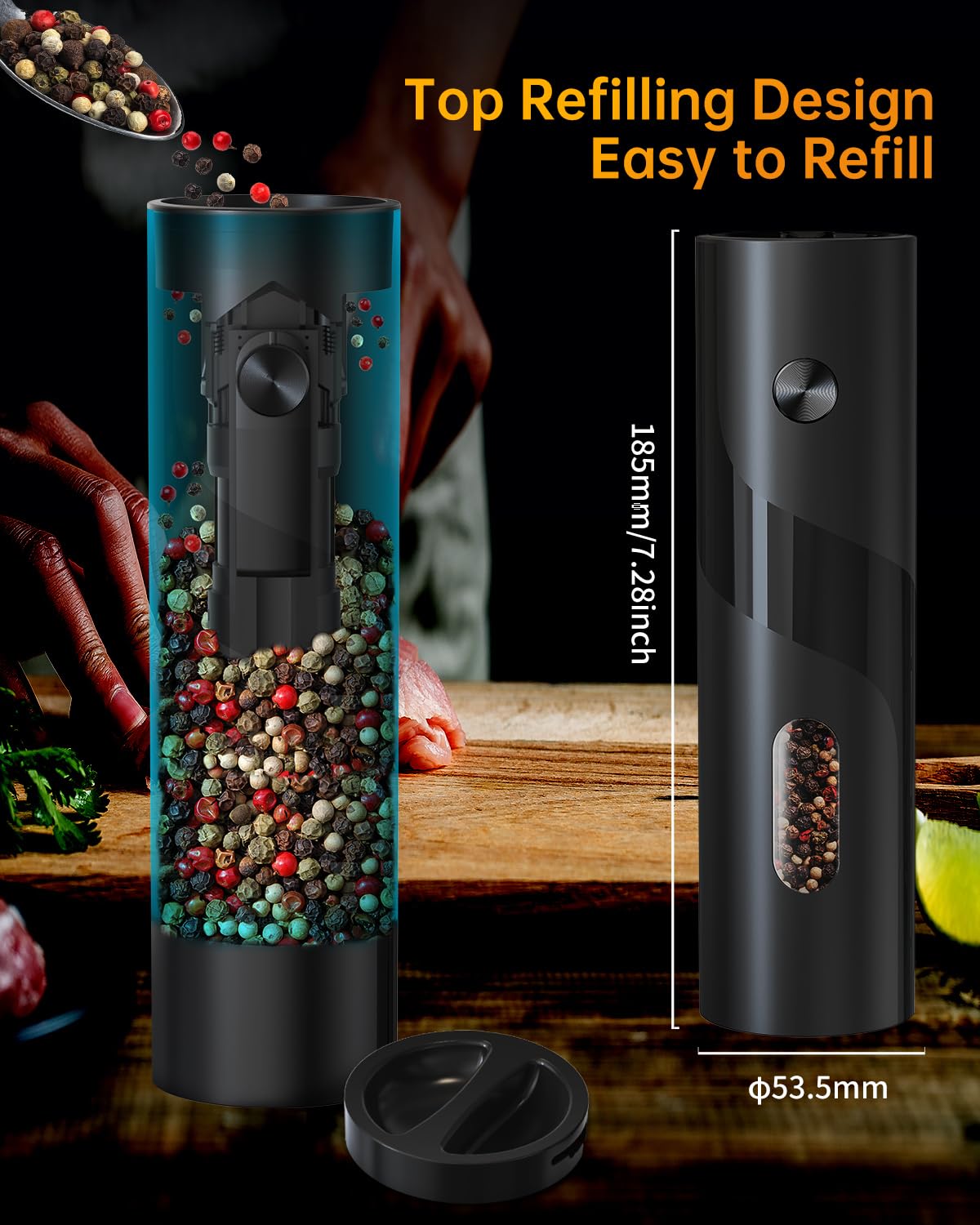 CIRCLE JOY Rechargeable Electric Salt and Pepper Grinder Set with Base, Automatic Pepper Mill Grinders with 110ml Container, Adjustable Coarseness and White LED Light, Black