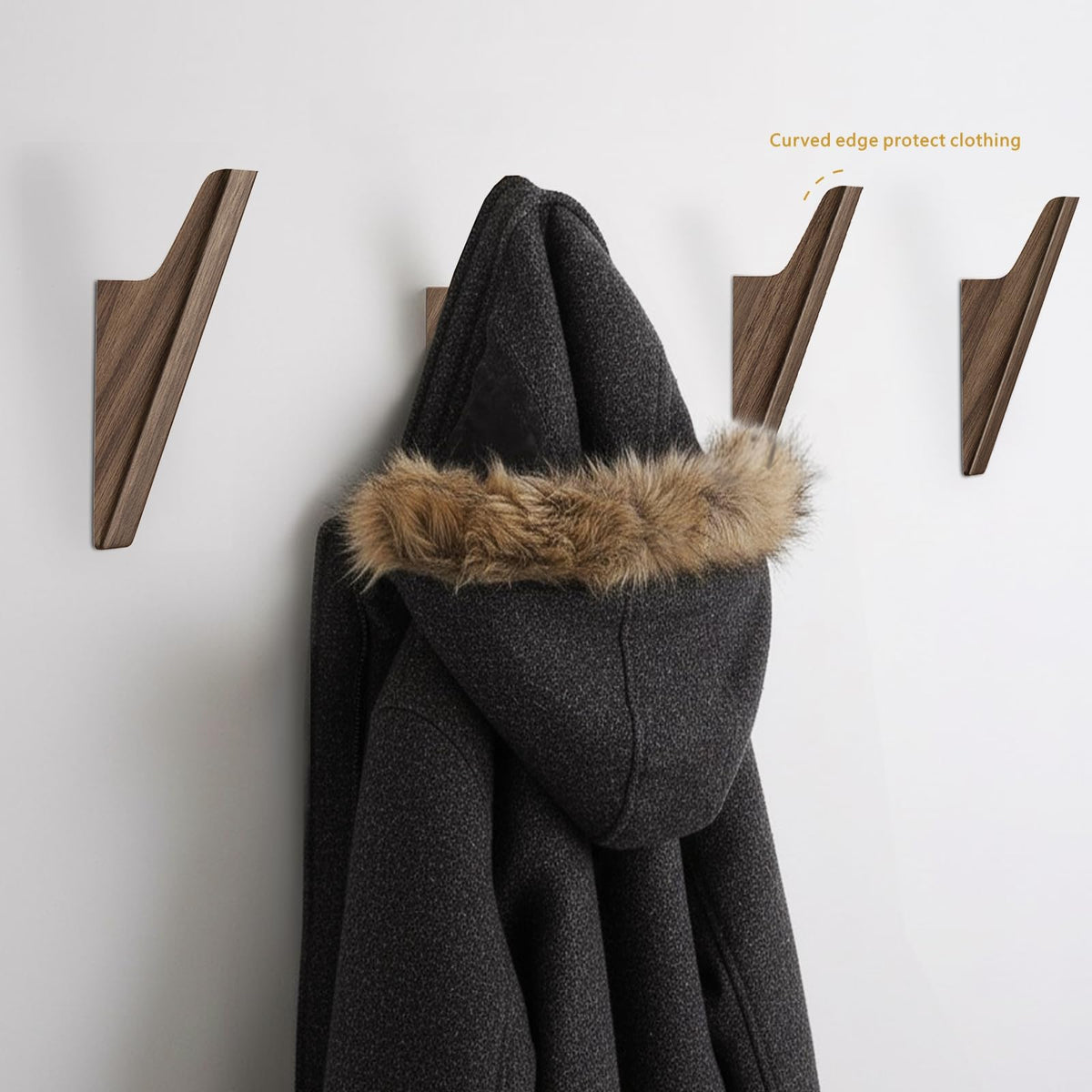 FCOWK Walnut Wood Wall Hooks - 4 Pack, Heavy Duty Coat Hooks Wall Mount for Entryway, Bathroom & Bedroom. Minimalist Wooden Wall Hooks for Hanging Coat, Hat, Bag, Towel, Backpack (Light Walnut)