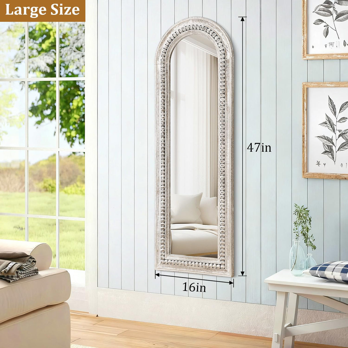 MWAZZLL Wall Mirror Full Length with Beaded Framed Arch Rustic Wood Floor Mirrors Decrorative Large 47"x16" for Bedroom Bathroom Living Room Entryway Dressing Room White