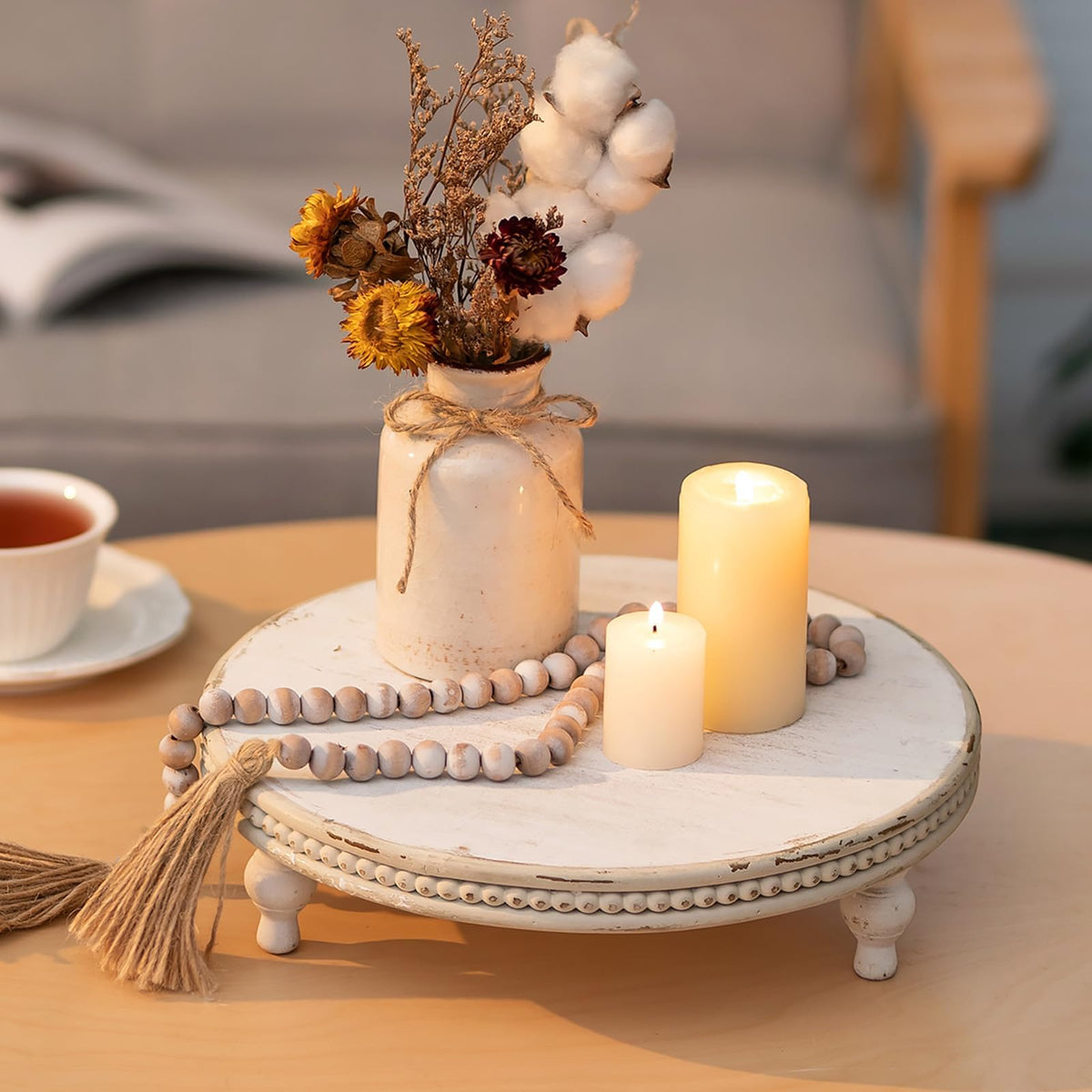 Hanobe Round Decorative Tray Stand: White Beaded Wood Pedestal Risers Farmhouse Circle Display Holder for Coffee Table Home Decor Kitchen Bathroom Counter
