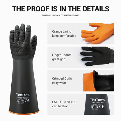 ThxToms Heavy Duty Rubber Gloves, Industrial Chemical Resistant Gloves Waterproof Reusable Protective Work Gloves for Cleaning, Dishwashing,Anti-Slip Design, Soft and Thick, Black, 14" 1 Pair