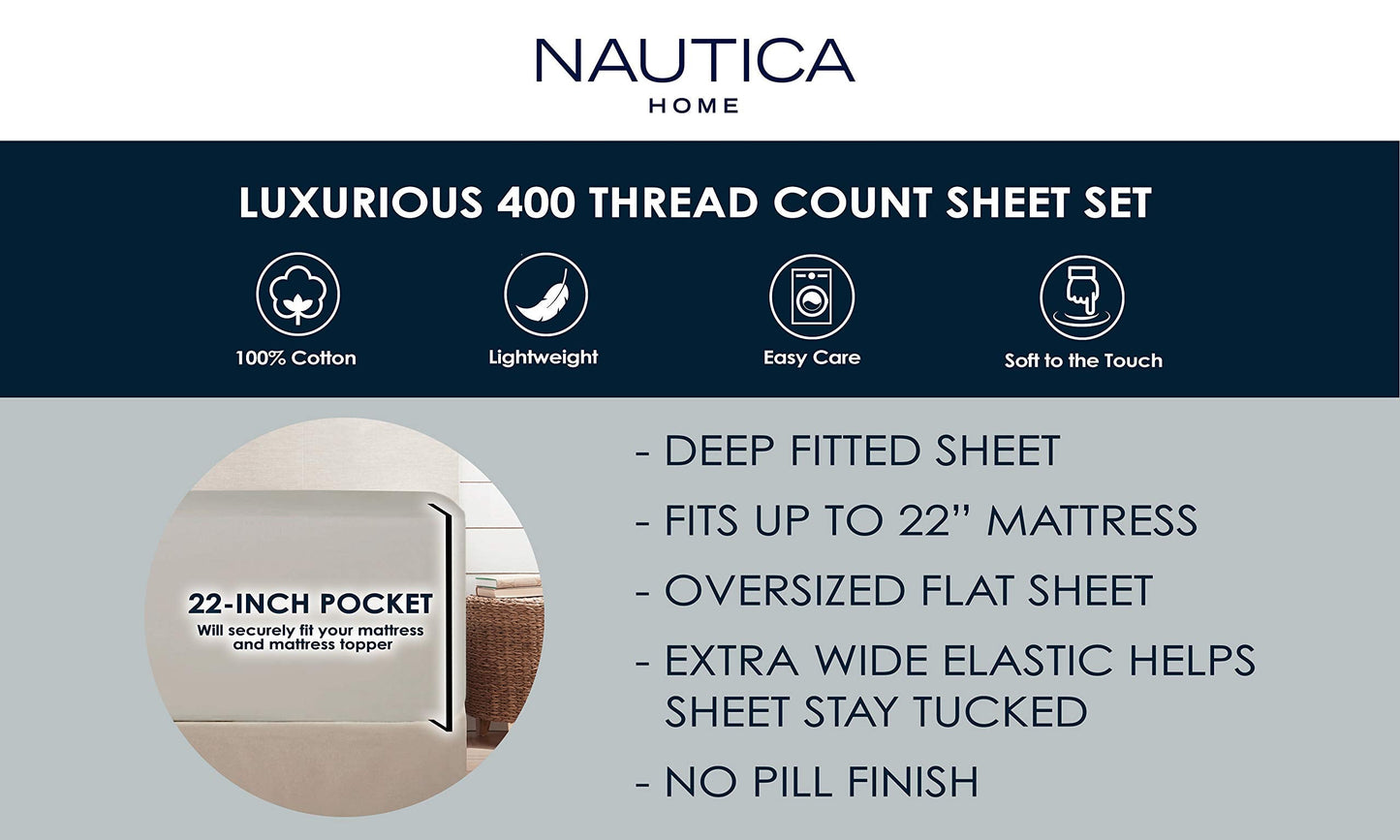Nautica - Queen Sheets, Cotton Sateen Bedding, 400 Thread Count, Silky Smooth & Wrinkle Resistant (Regatta Grey, Queen)