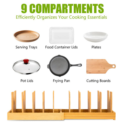 VKDDM Pots and Pans Organizer for Under Cabinet - Expandable Bamboo Pot Lid Organizer, Pan Organizers inside Cabinet, Drawer Pot Lid Holder Rack for Kitchen Organization and Storage