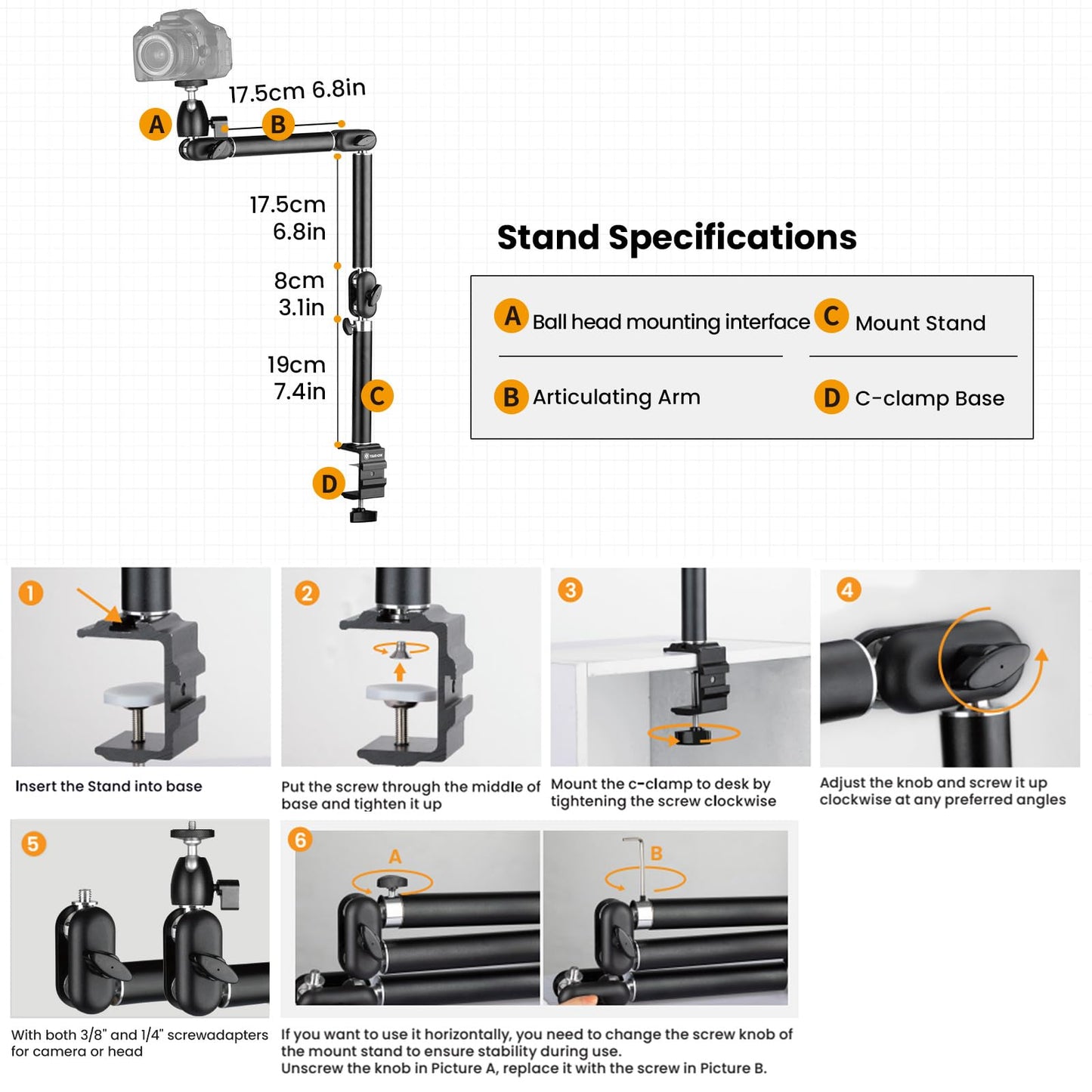 TARION Desk Camera Mount Stand Heavy Duty Articulated Camera Arm Articulating Table Mount Camera Stand Adjustable Flexible Gear Joints TKA01-L