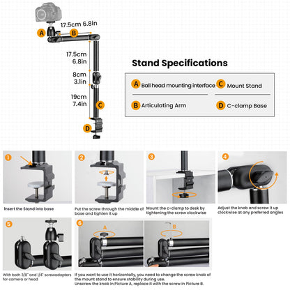 TARION Desk Camera Mount Stand Heavy Duty Articulated Camera Arm Articulating Table Mount Camera Stand Adjustable Flexible Gear Joints TKA01-L