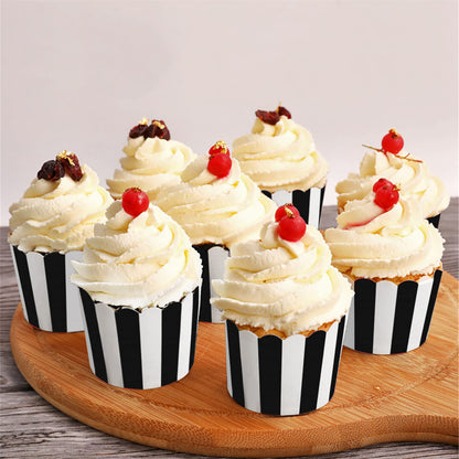 STARUBY 50 Pack Muffin Liners Baking Paper Cups Black and White Stripes Cupcake Liners Elegent Muffins Baking Cups Cupcake Wrappers for Birthday Parties, Weddings, Bottom Dia 2.36 Inch