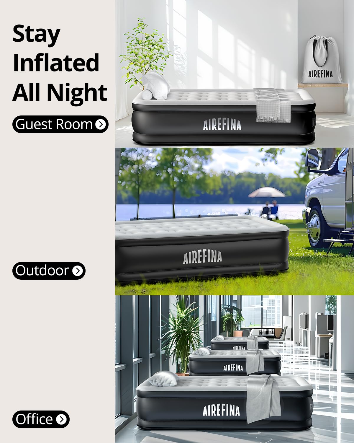 Airefina Air Mattress Single, Airbed with Built-in Electric Pump, Inflatable Mattress in 3 Mins Self-Inflation/Deflation, Inflatable Bed Flocked Surface Blow Up Bed for Home Camping Use, 190x99x46cm