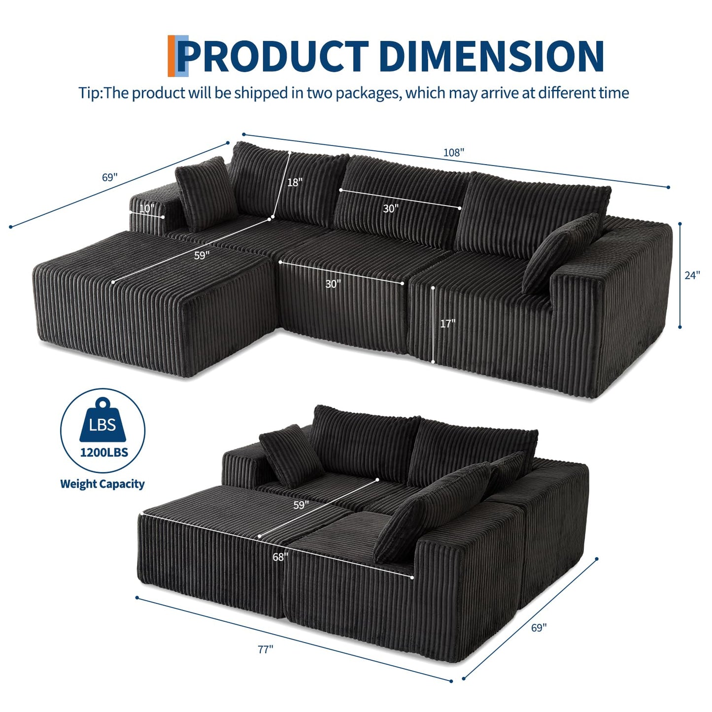 GarveeHome 108" Modular Sectional Sofa Couches for Living Room Cloud Memory Boneless Couch No Assembly Required