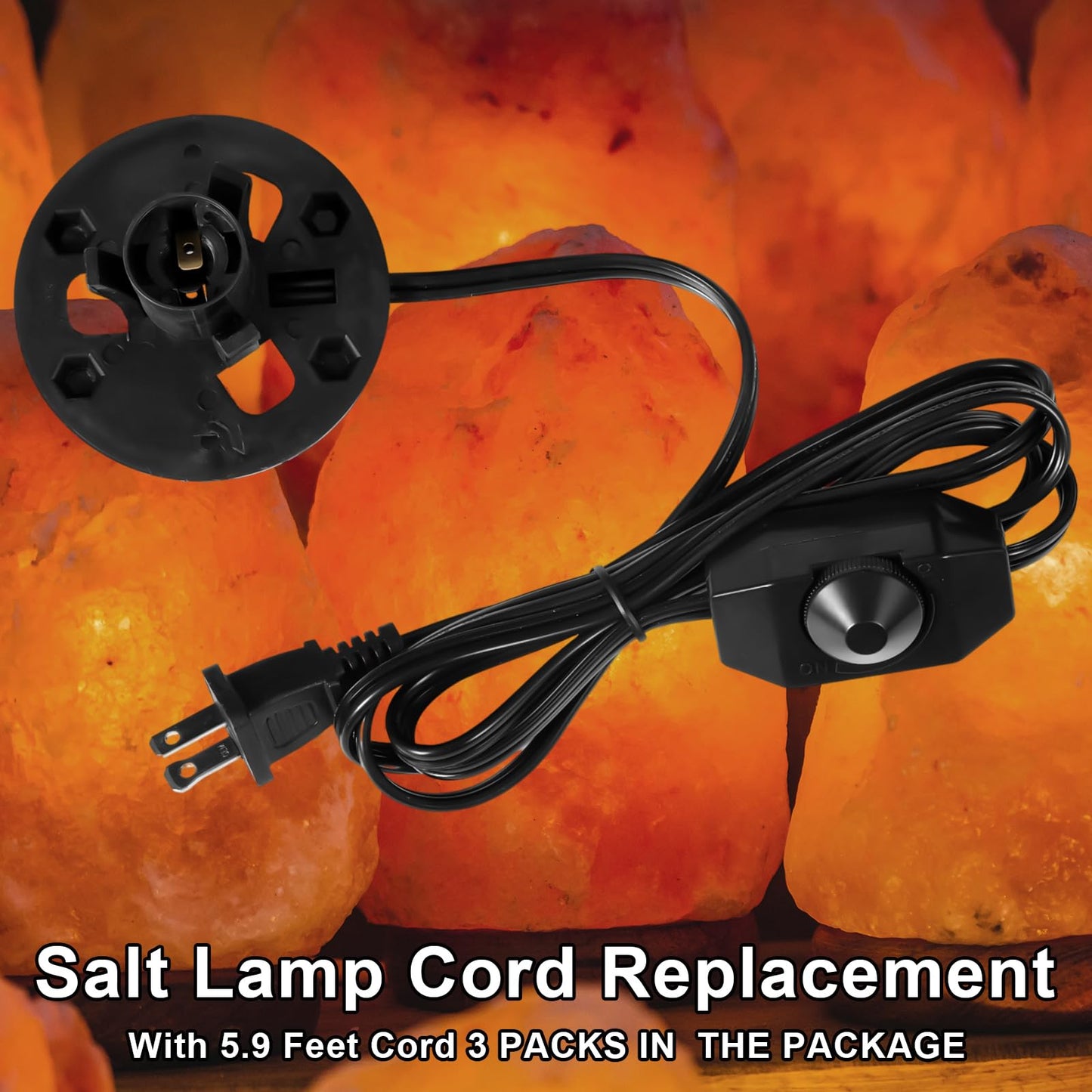 Glooglitter 3 Pack Salt Lamp Cord Replacement 5.9 Feet Original Lamp Dimmer Switch with Cord and Base Assembly for E12 Salt Lamp, Black UL Certification Cord