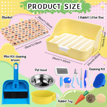 Reallnaive 15 Pcs Rabbit Starter Kit Small Rabbit Litter Box Girls Gift Animal Grooming Kit Bunny Toys Bowl Blankets with Cleaning Set for Guinea Pig Accessories(Blue)