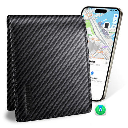 TopMade Mens Wallet with Smart Tracker, Genuine Leather Bifold Wallet Works with Find My, 13 Cards Holder with ID Window, Cash Slot, Coin Pocket, RFID Blocking, GPS Wallet Tracker, Carbon Fiber Black