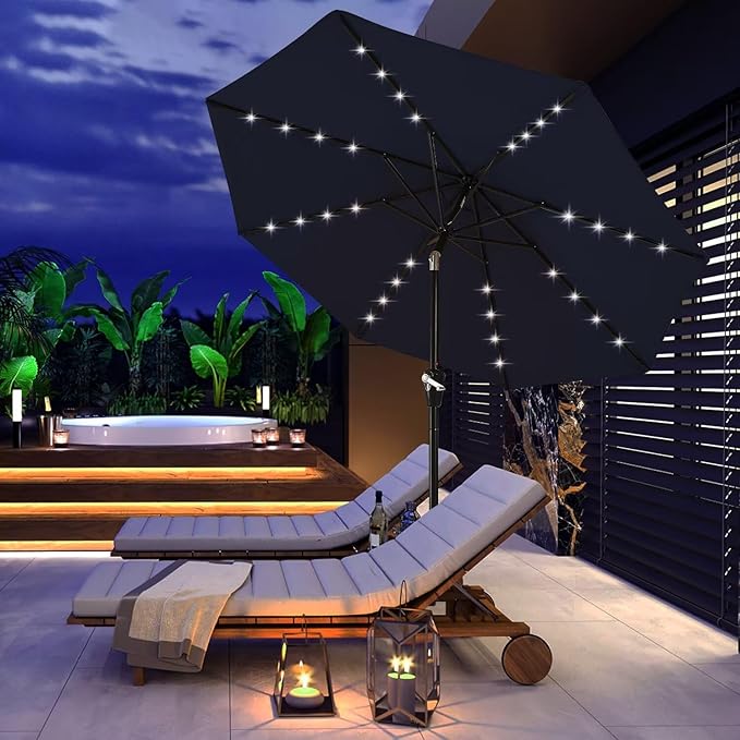 ABCCANOPY Durable Solar Led Patio Umbrellas with 32LED Lights 11FT (Navy Blue)